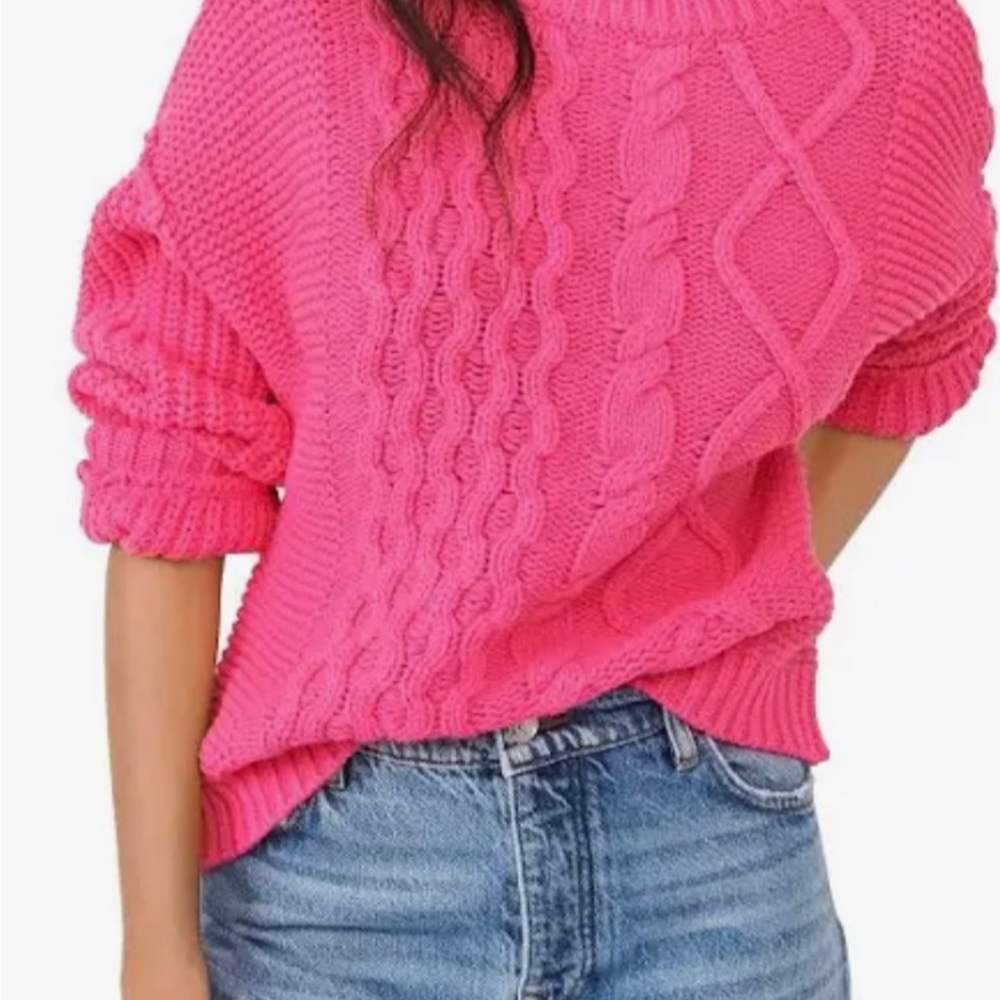 Free People Hot Neon Pink Dream Cable Crew Hibiscus Sweater - Size S